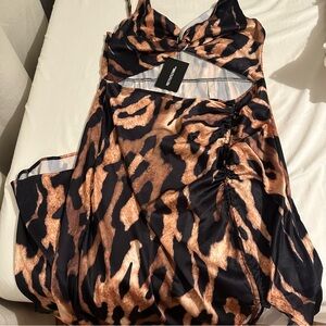 PrettyLittleThings Brown Leopard Print Satin Ruched Maxi Dress - NWT